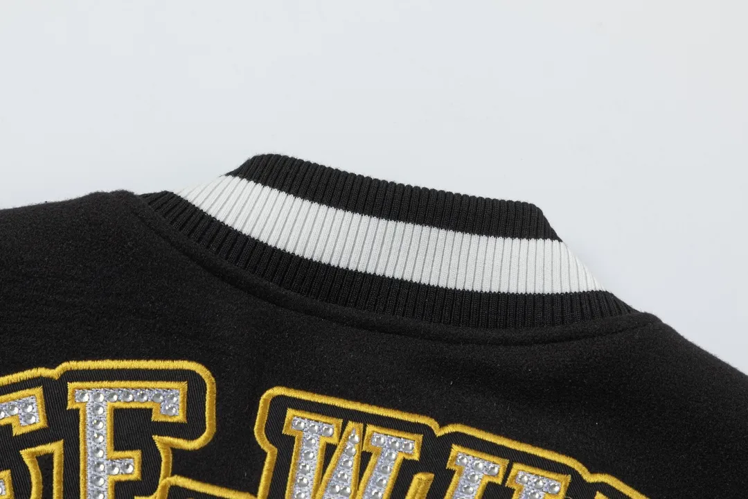 S29#P676, off white 2024 autumn and winter new style heavy industry embroidery hot diamond stitched leather baseball jacket couple style color black size: S M L XL